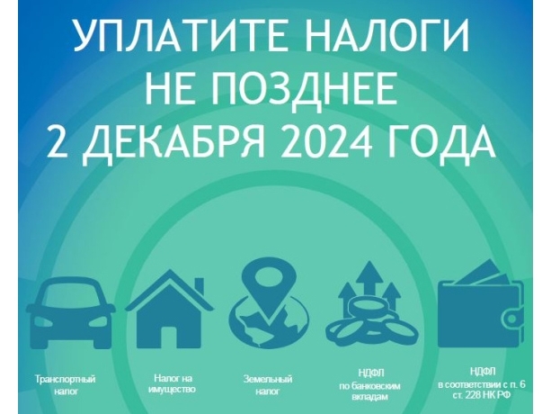 Срок уплаты имущественных налогов для физических лиц в 2024 году – не позднее 2 декабря.